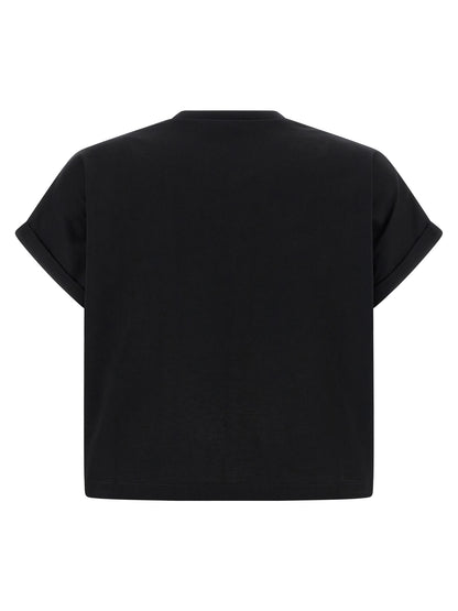 T-Shirt by Balmain for women in cotton black & print showcases a dramatic silhouette, elegantly detailed with a dramatic and for a truly dramatic finish.