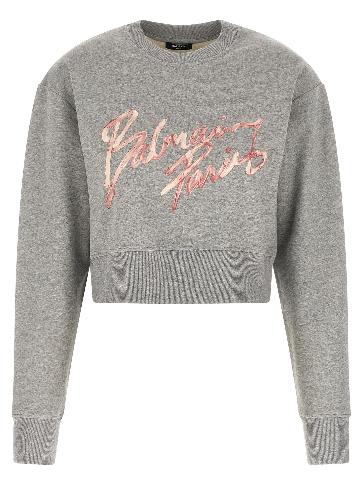 Activewear Sweatshirt by Balmain for women in cotton gray & print features an streamlined silhouette, showcasing the streamlined crew neckline and long-sleeve with functional for a premium, athletic look.
