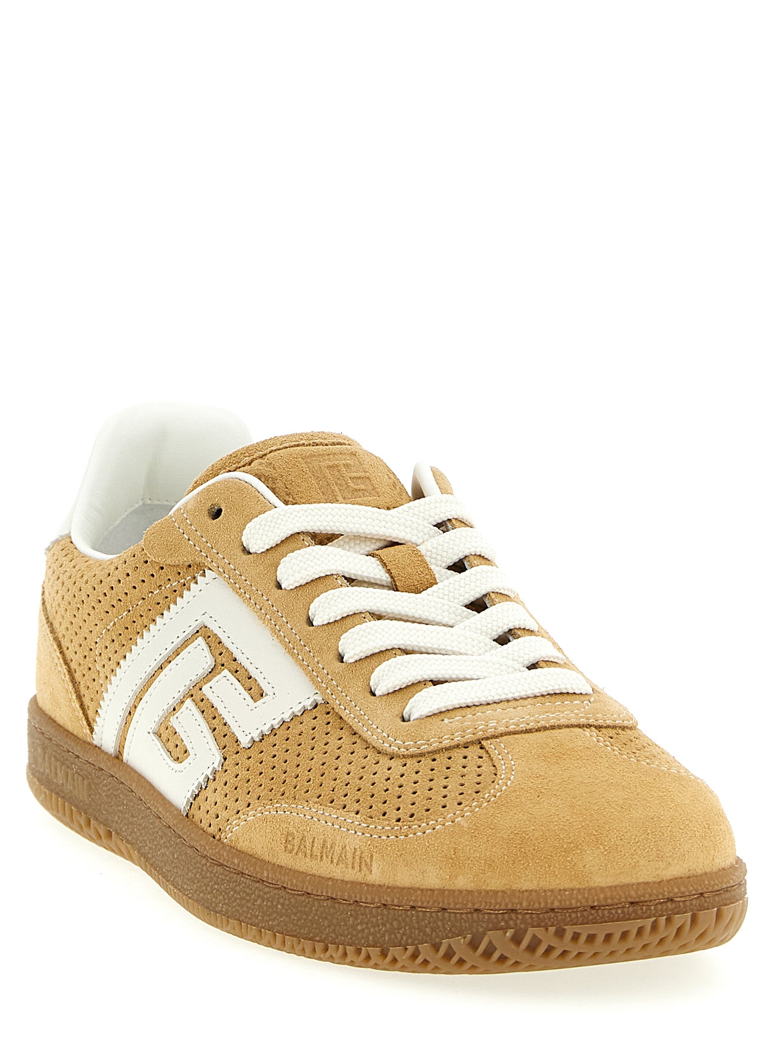 Sneakers by Balmain for women in suede calfskin leather beige presents a on trend silhouette from the Women's Low Top Suede Calfskin Leather Sneakers collection, showcasing a on trend low-top style for an elevated aesthetic.