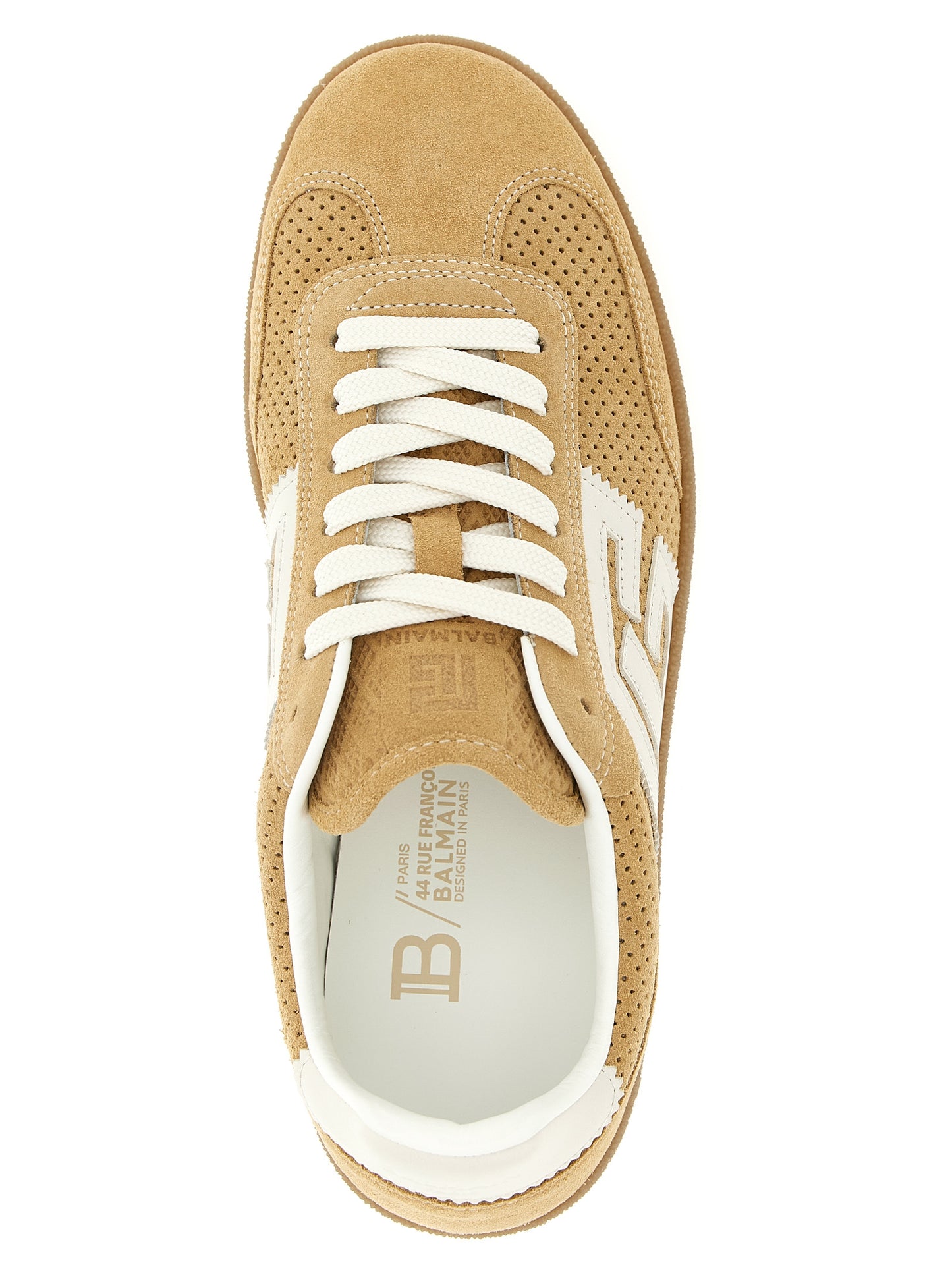 Sneakers by Balmain for women in suede calfskin leather beige features a chic design, perfectly showcasing the chic low-top style of this Women's Low Top Suede Calfskin Leather Sneakers.