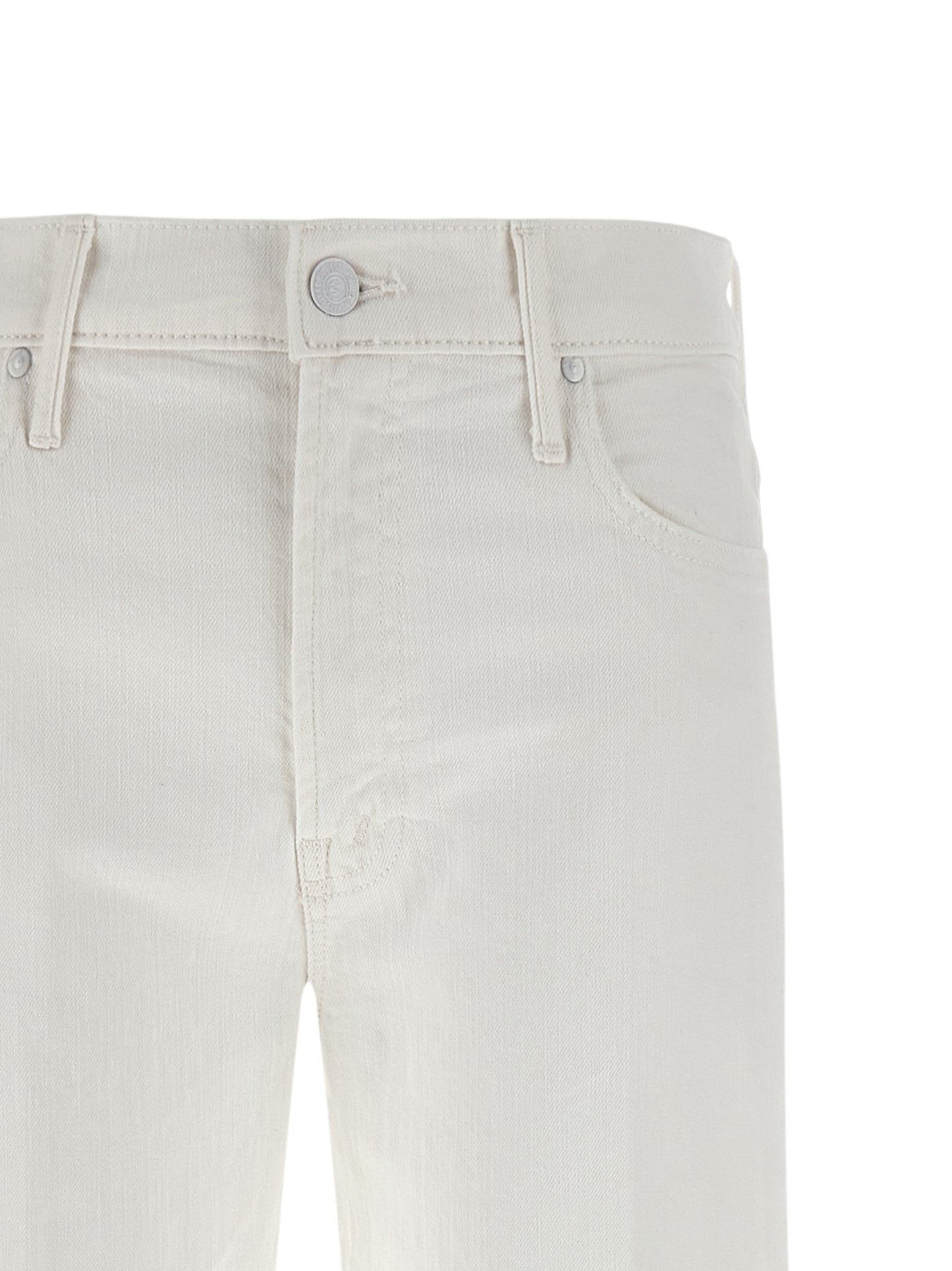 Jeans by Mother Denim for women in stretch denim cotton white features an sartorial flared and long with a cut for a sartorial finish.