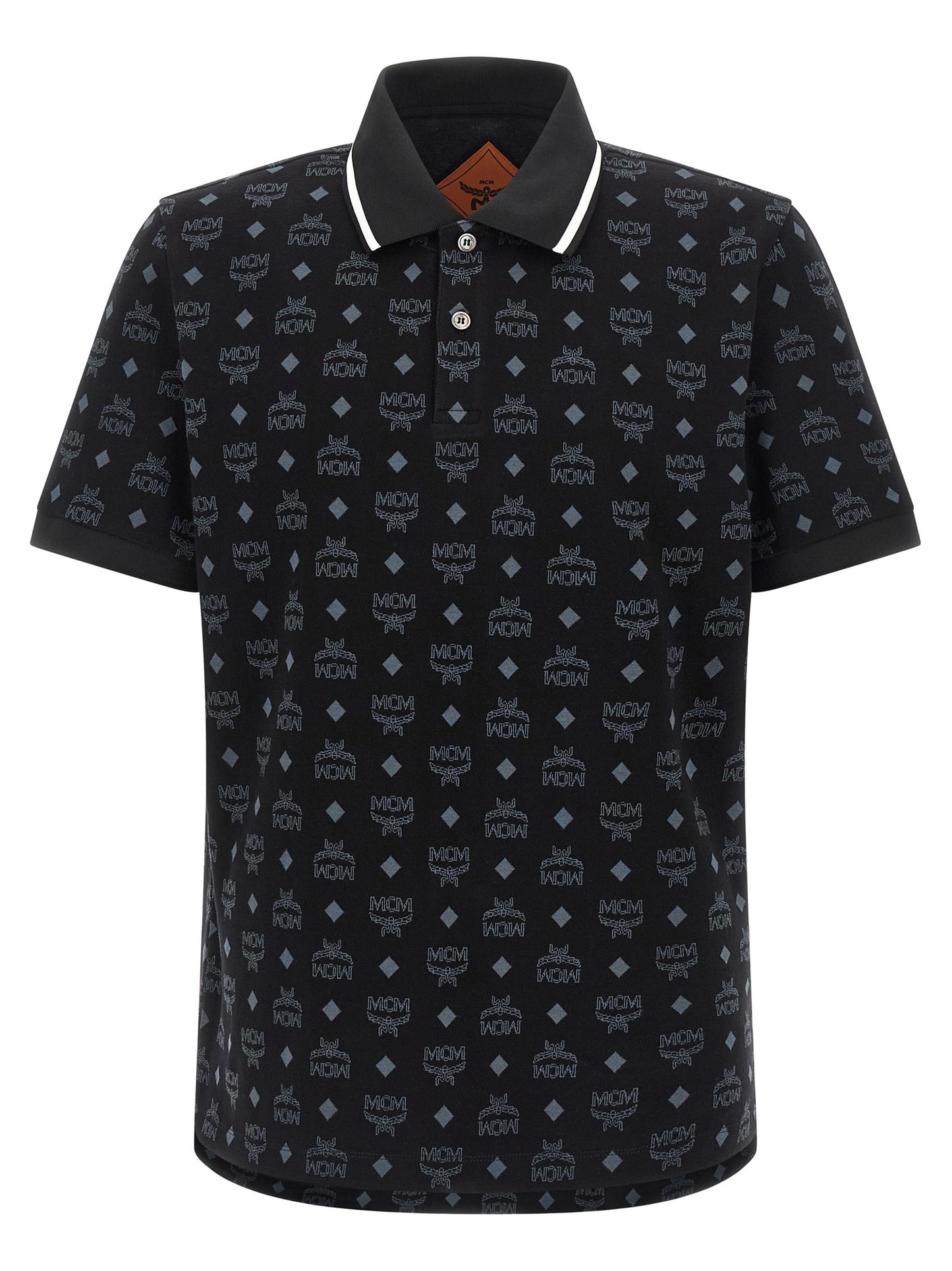 Polo Shirt by MCM for men in cotton black & jacquard showcases a sharp silhouette, detailed with a refined asymmetric neckline and sharp short-sleeve for a sophisticated finish.