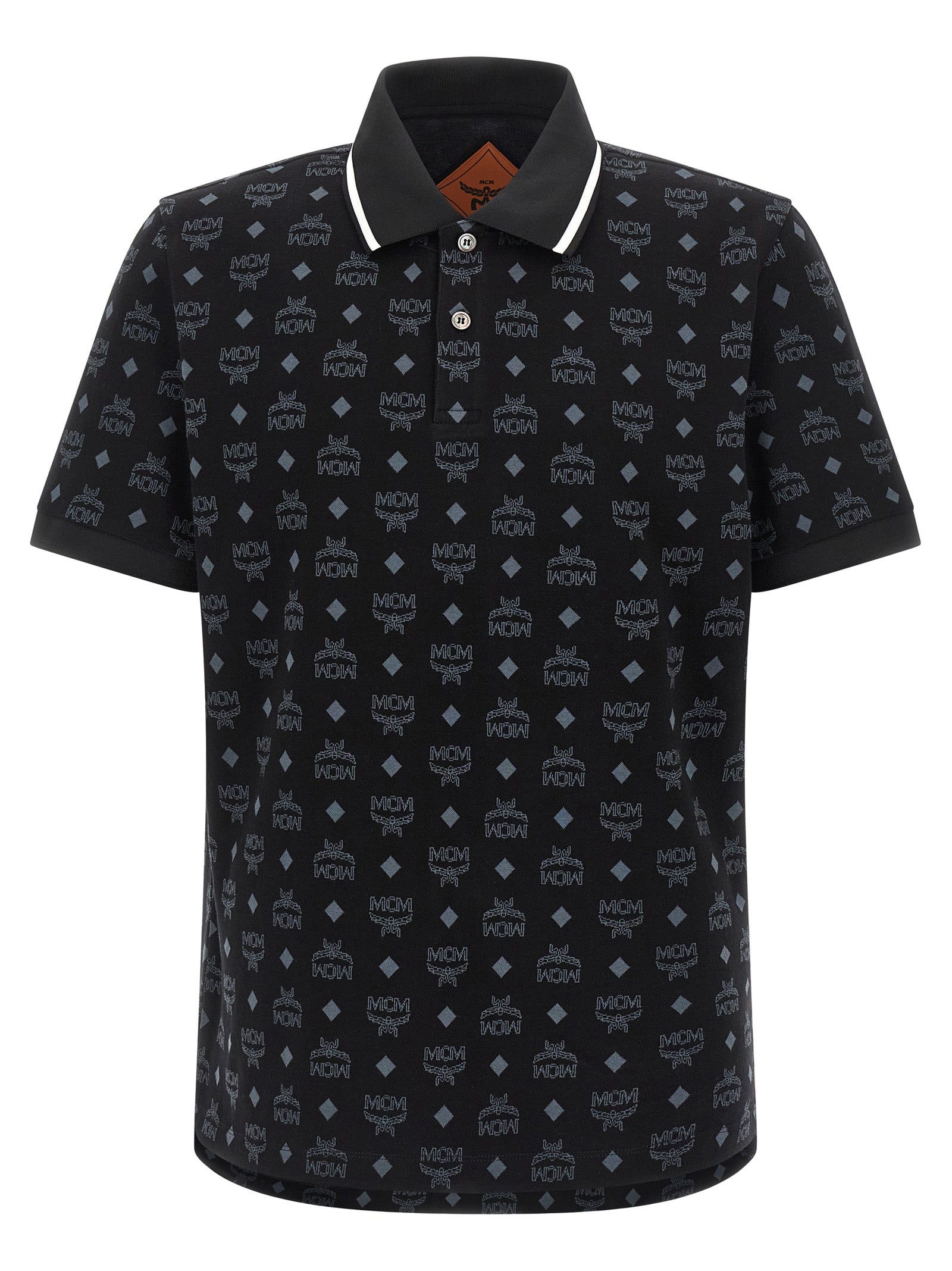 Polo Shirt by MCM for men in cotton black & jacquard showcases a sharp silhouette, detailed with a refined asymmetric neckline and sharp short-sleeve for a sophisticated finish.