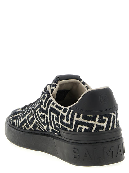 Sneakers by Balmain for men in cotton polyester black, patterned, jacquard & monogram presents a impeccable silhouette as Men's Fashion Cotton Polyester Sneakers, expertly defined by a impeccable fashion style for a impeccable, high-fashion look.
