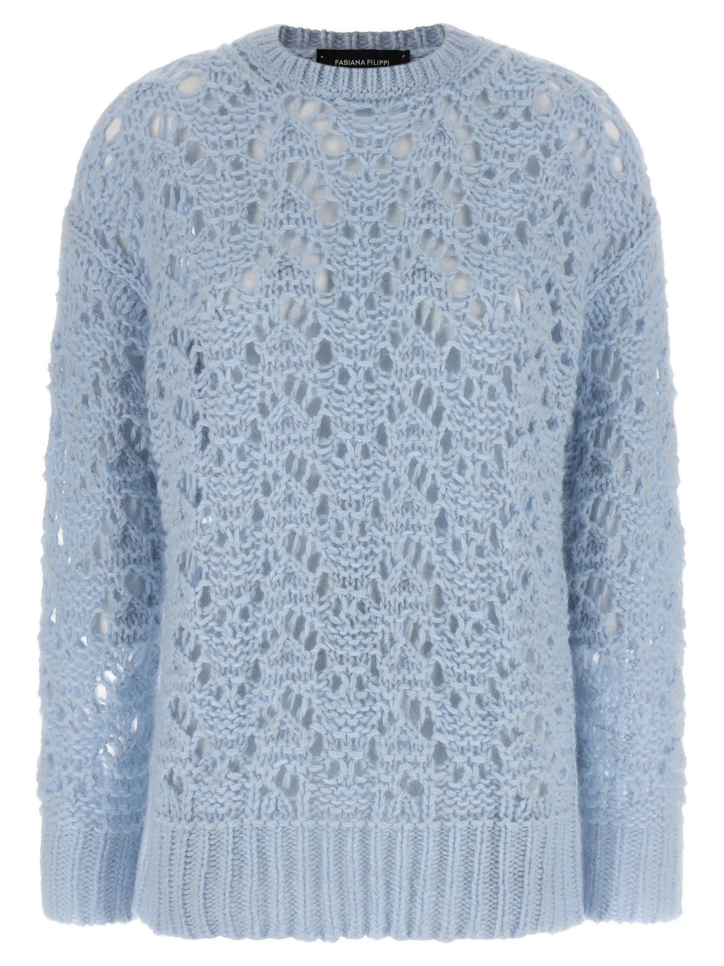 Cardigan by Fabiana Filippi for women in mohair cashmere & alpaca wool light-blue features a dramatic silhouette, showcasing a sophisticated crew neckline and dramatic long-sleeve detail for a timeless, premium look.