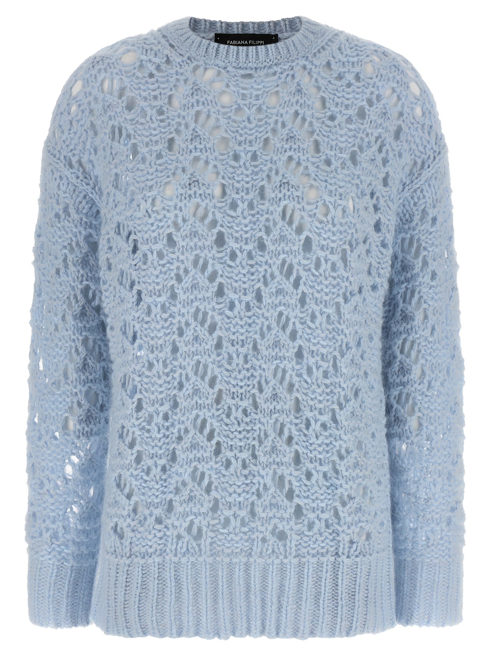 Cardigan by Fabiana Filippi for women in mohair cashmere & alpaca wool light-blue features a dramatic silhouette, showcasing a sophisticated crew neckline and dramatic long-sleeve detail for a timeless, premium look.