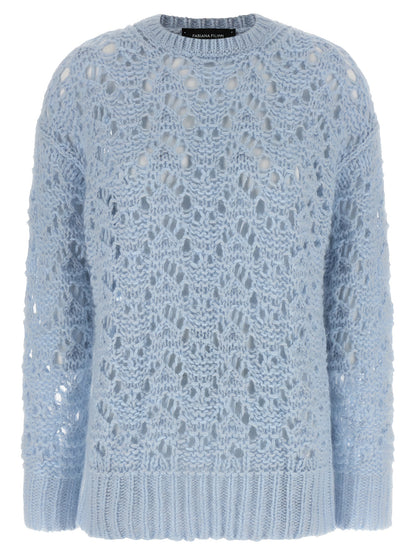 Cardigan by Fabiana Filippi for women in mohair cashmere & alpaca wool light-blue features a dramatic silhouette, showcasing a sophisticated crew neckline and dramatic long-sleeve detail for a timeless, premium look.