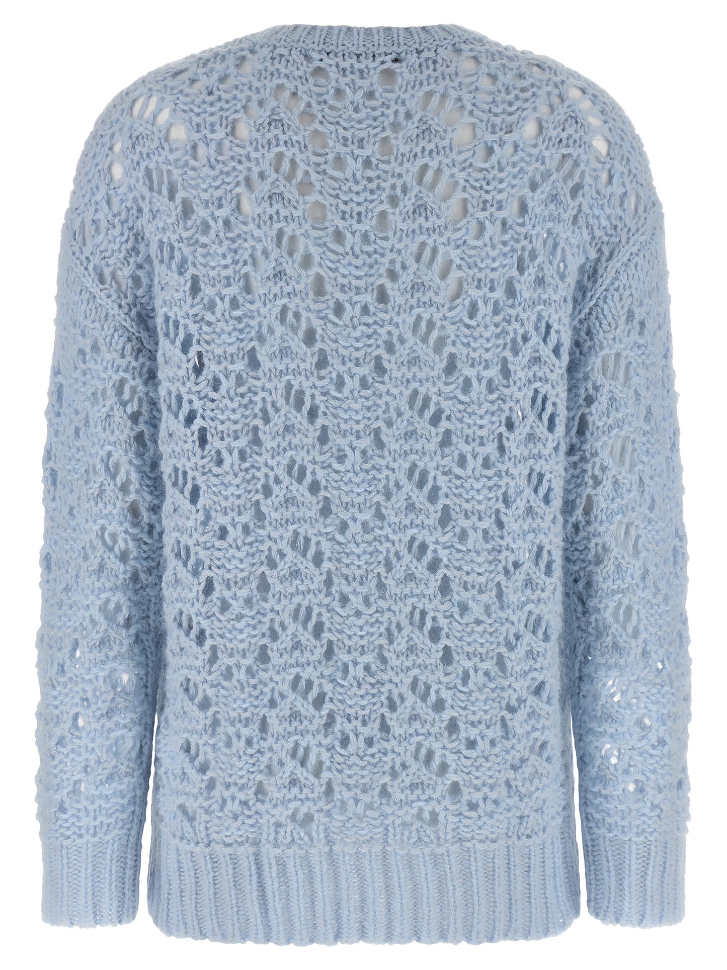 Cardigan by Fabiana Filippi for women in mohair cashmere & alpaca wool light-blue presents a textural silhouette, artfully finished with a textural crew neckline and for a sophisticated, textural look.