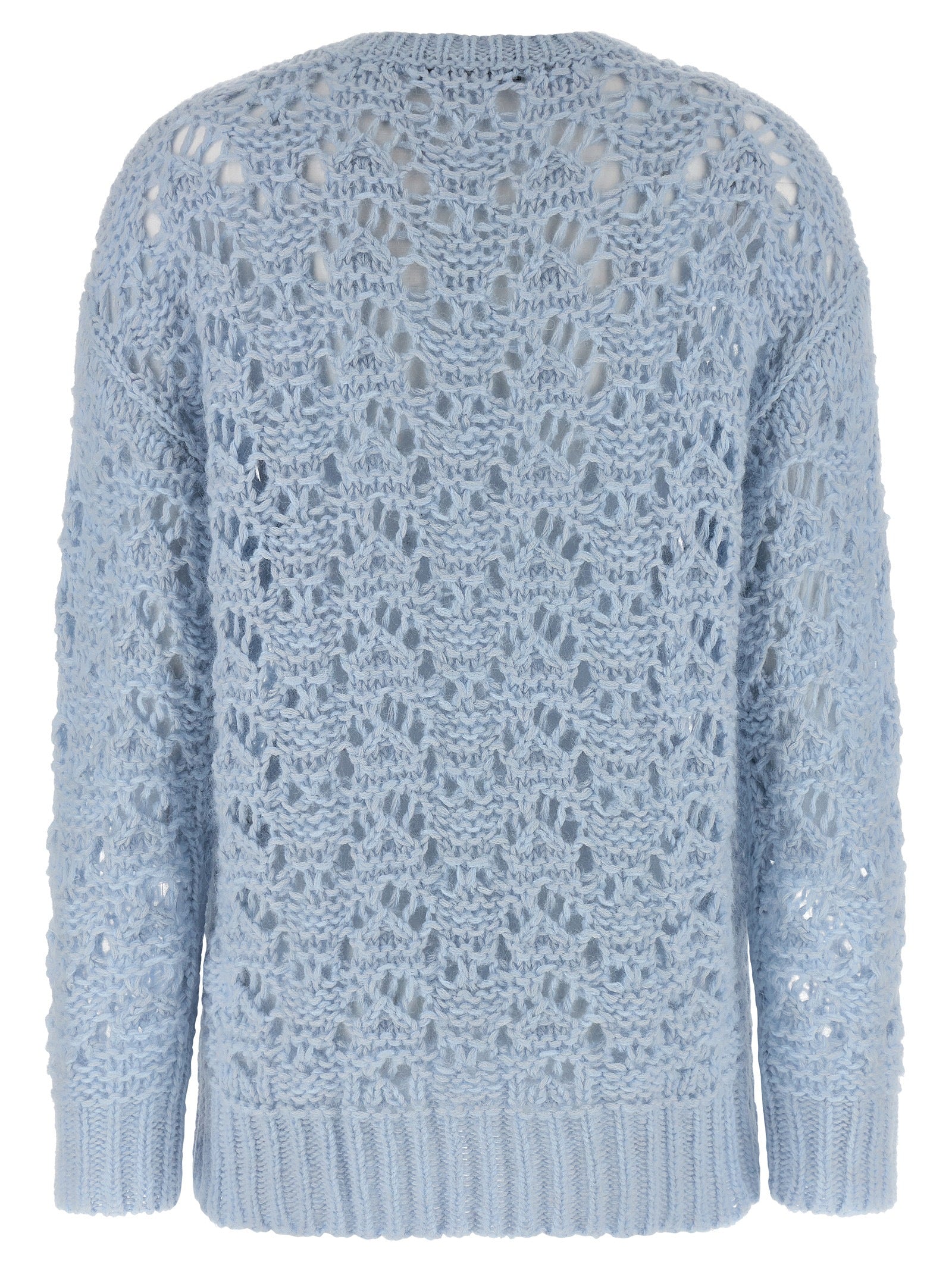 Cardigan by Fabiana Filippi for women in mohair cashmere & alpaca wool light-blue presents a textural silhouette, artfully finished with a textural crew neckline and for a sophisticated, textural look.