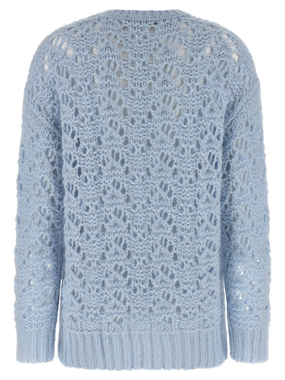 Cardigan by Fabiana Filippi for women in mohair cashmere & alpaca wool light-blue presents a textural silhouette, artfully finished with a textural crew neckline and for a sophisticated, textural look.