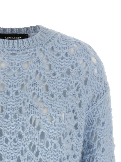 Cardigan by Fabiana Filippi for women in mohair cashmere & alpaca wool light-blue showcases a captivating silhouette, artfully detailed with a captivating and crew neckline for a truly sophisticated captivating look.