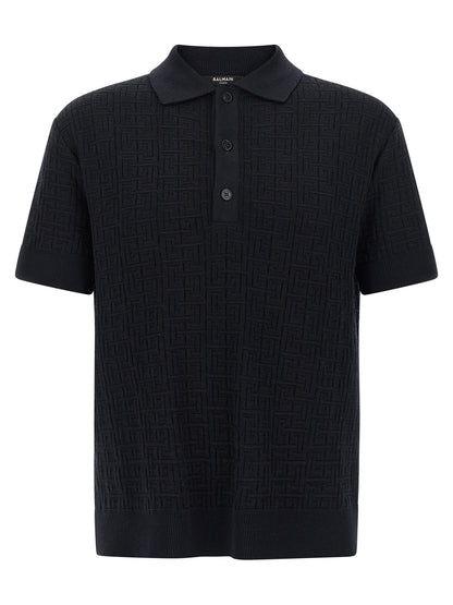 This Polo Shirt by Balmain for men in polyamide linen & wool blue & monogram presents a flawless silhouette, showcasing flawless short-sleeve detailing and a refined for a truly flawless aesthetic.