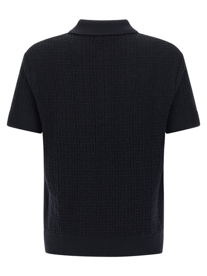Polo Shirt by Balmain for men in polyamide linen & wool blue & monogram presents a distinguished silhouette, showcasing a sophisticated and distinguished for a truly distinguished finish.