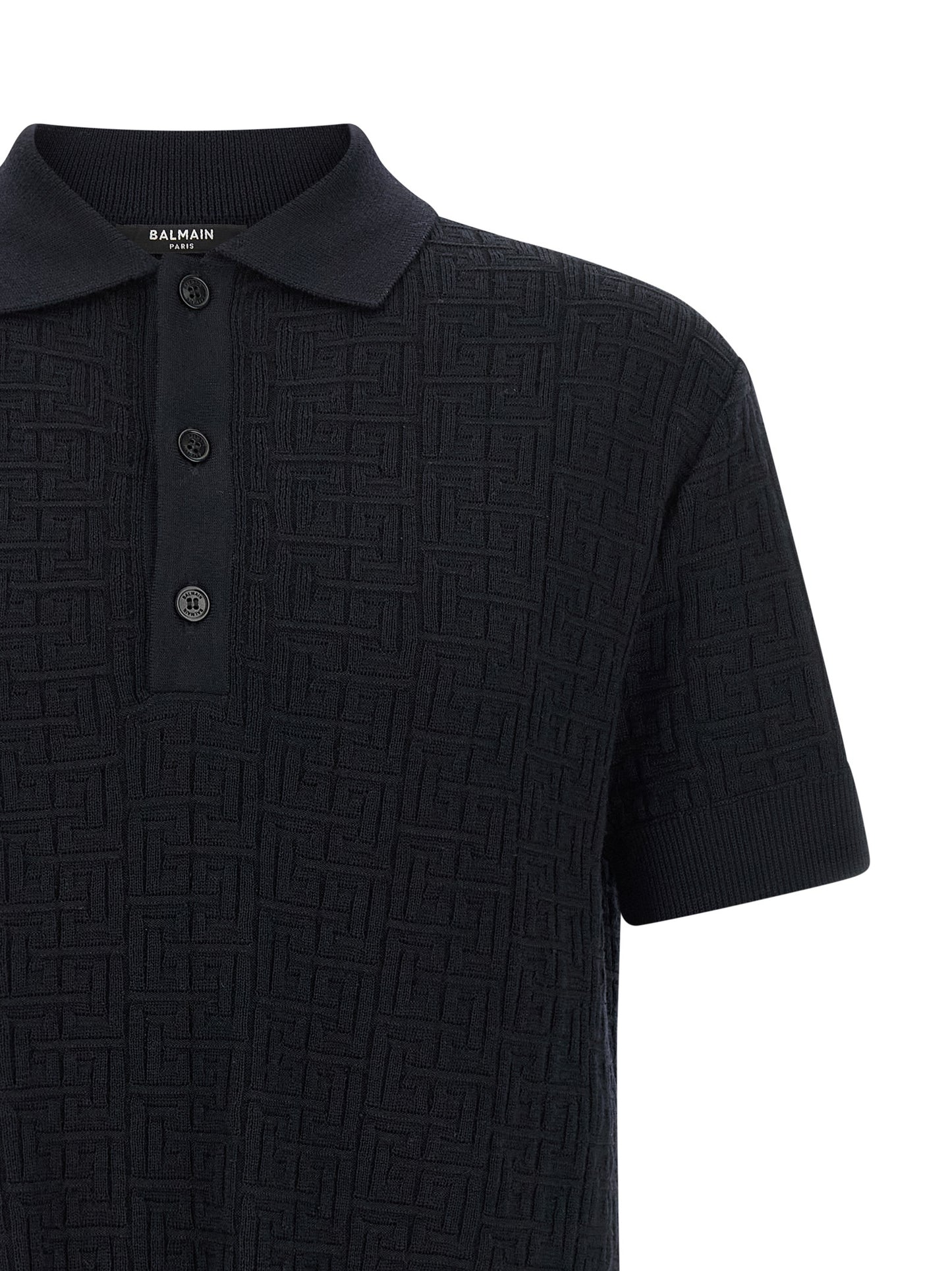 Polo Shirt by Balmain for men in polyamide linen & wool blue & monogram presents a sleek silhouette, featuring a refined and for a sleek finish.