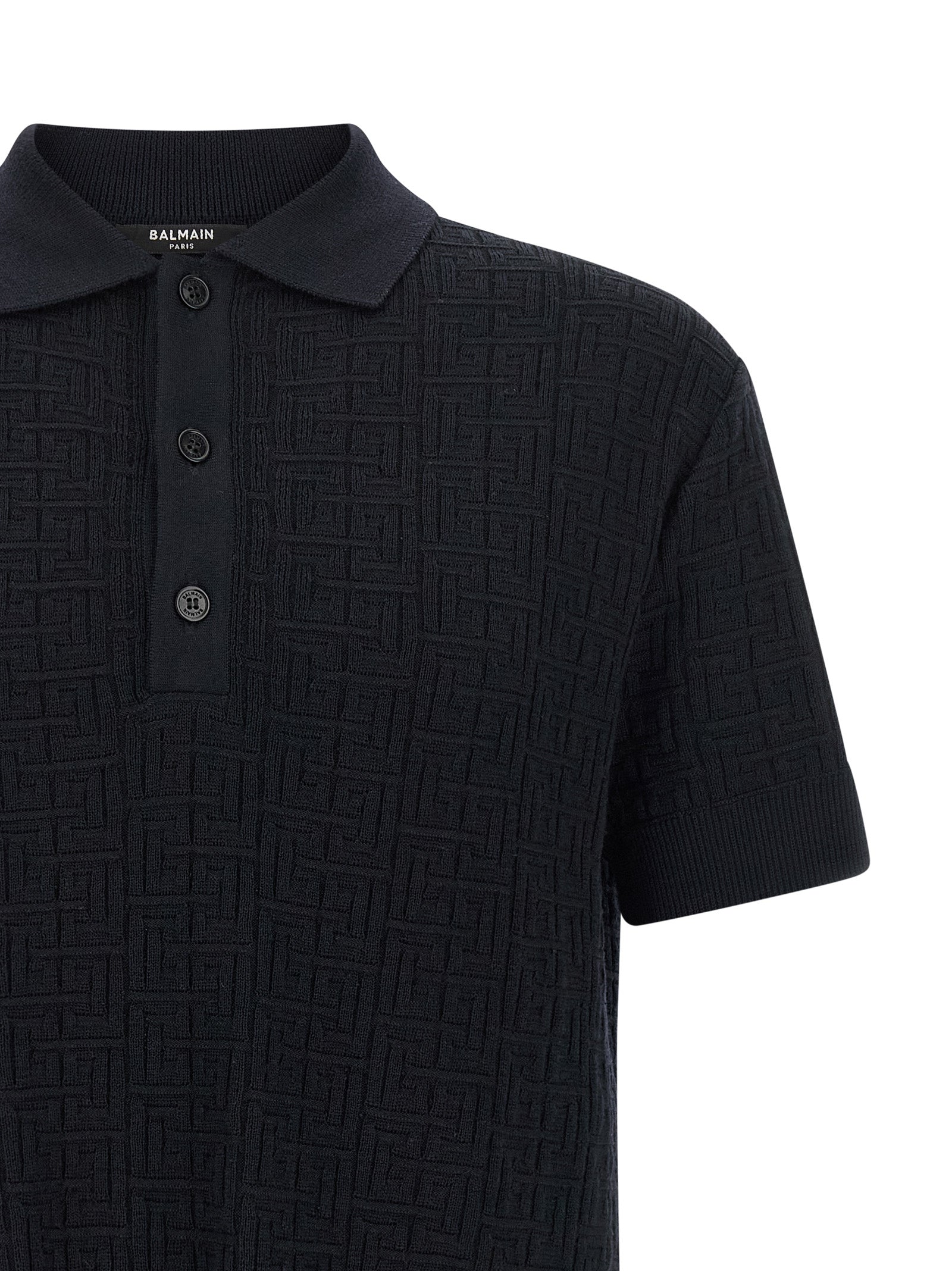 Polo Shirt by Balmain for men in polyamide linen & wool blue & monogram presents a sleek silhouette, featuring a refined and for a sleek finish.