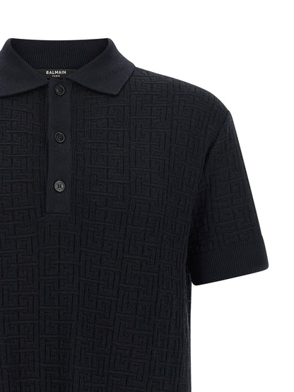 Polo Shirt by Balmain for men in polyamide linen & wool blue & monogram presents a sleek silhouette, featuring a refined and for a sleek finish.