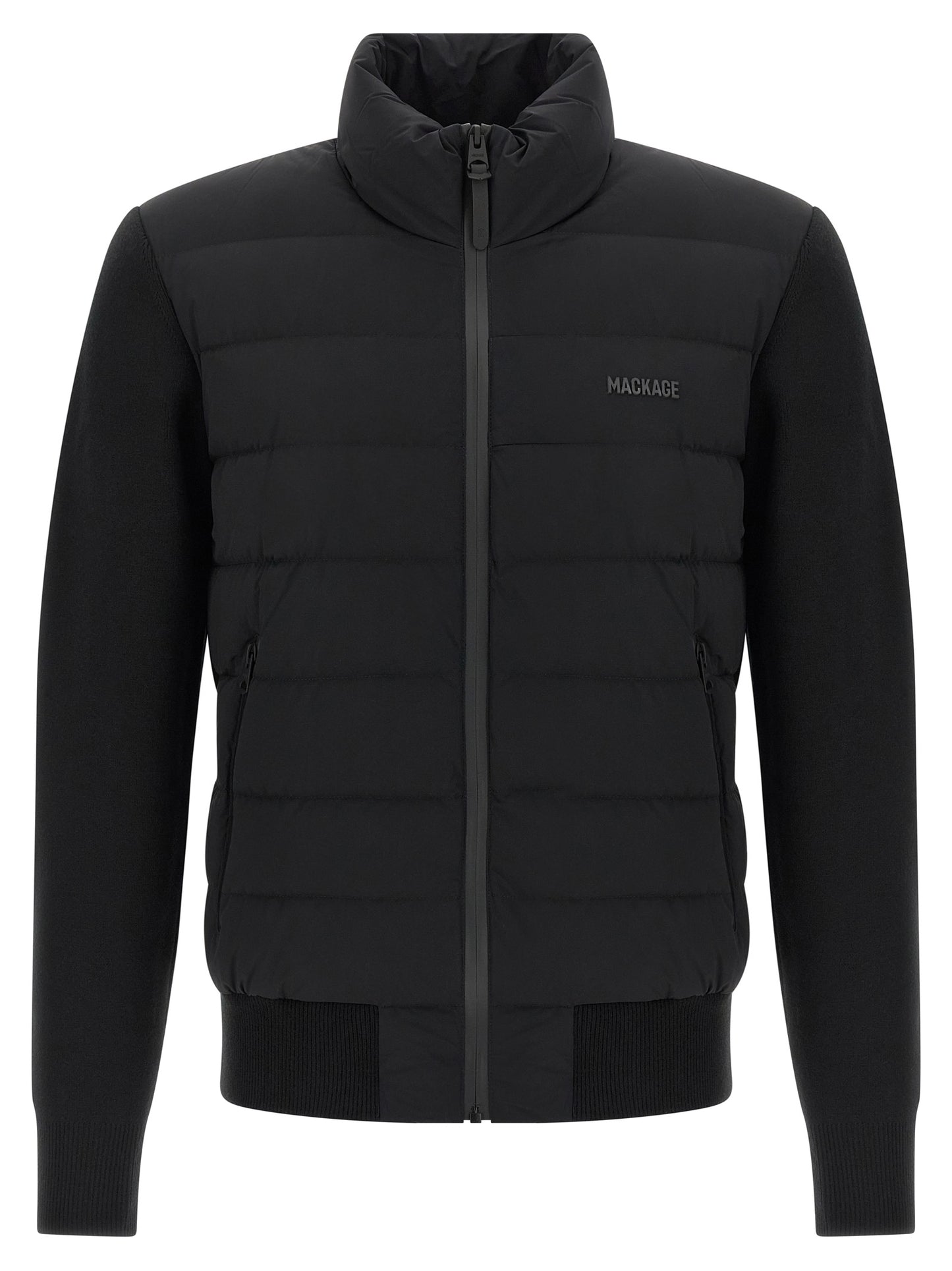 Cardigan by Mackage for men in nylon & wool blue features a dramatic silhouette, showcasing a sophisticated high-neck neckline and dramatic long-sleeve detail for a timeless, premium look.