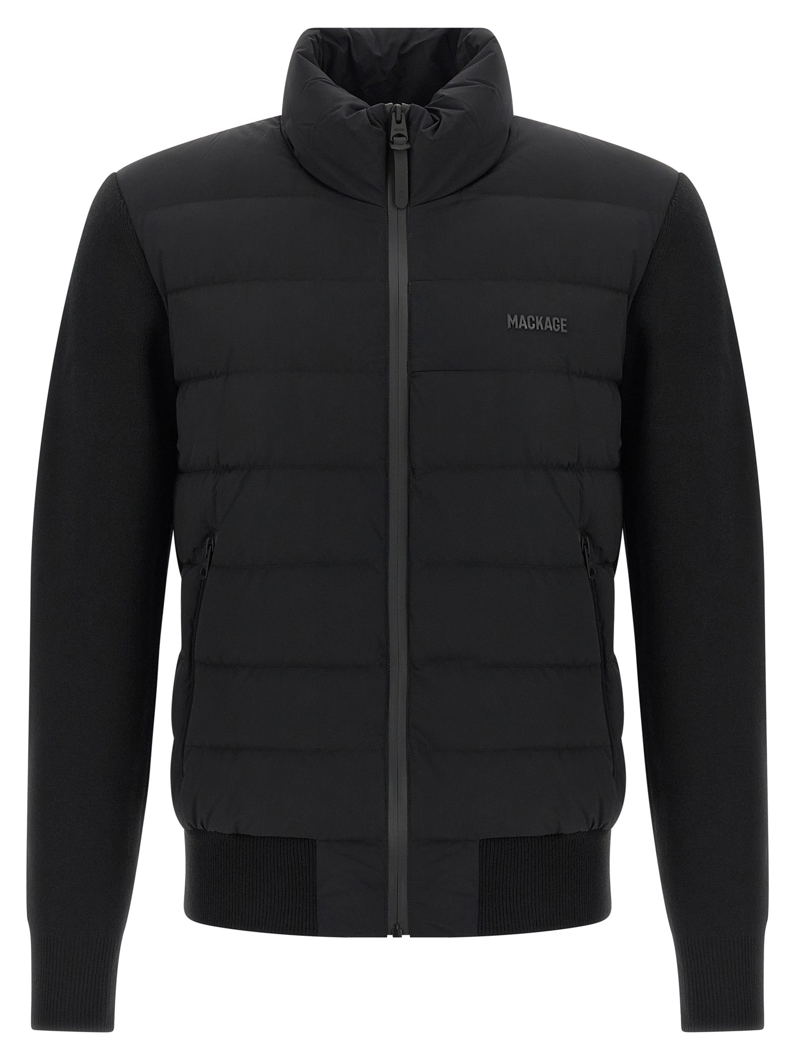 Cardigan by Mackage for men in nylon & wool blue features a dramatic silhouette, showcasing a sophisticated high-neck neckline and dramatic long-sleeve detail for a timeless, premium look.