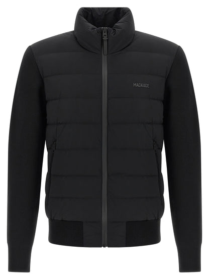 Cardigan by Mackage for men in nylon & wool blue features a dramatic silhouette, showcasing a sophisticated high-neck neckline and dramatic long-sleeve detail for a timeless, premium look.