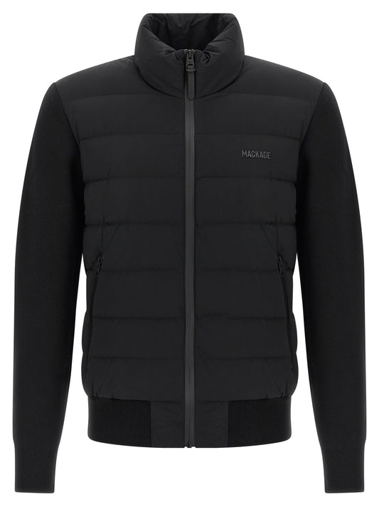 Cardigan by Mackage for men in nylon & wool blue features a dramatic silhouette, showcasing a sophisticated high-neck neckline and dramatic long-sleeve detail for a timeless, premium look.