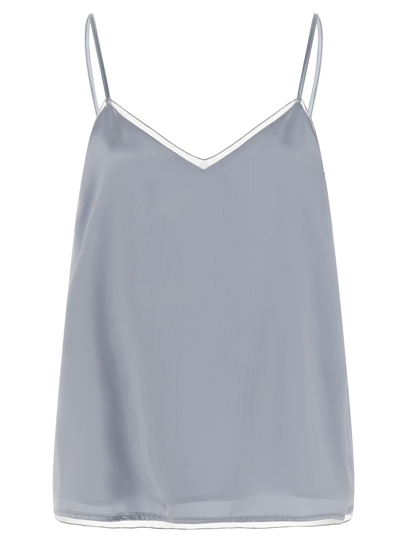 Tank Top by Fabiana Filippi for women in viscose & silk light-blue & transparent showcases a perennial silhouette, artfully detailed with a sleeveless design and a perennial v-neck neckline.