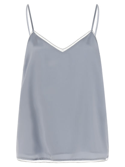 Tank Top by Fabiana Filippi for women in viscose & silk light-blue & transparent showcases a perennial silhouette, artfully detailed with a sleeveless design and a perennial v-neck neckline.