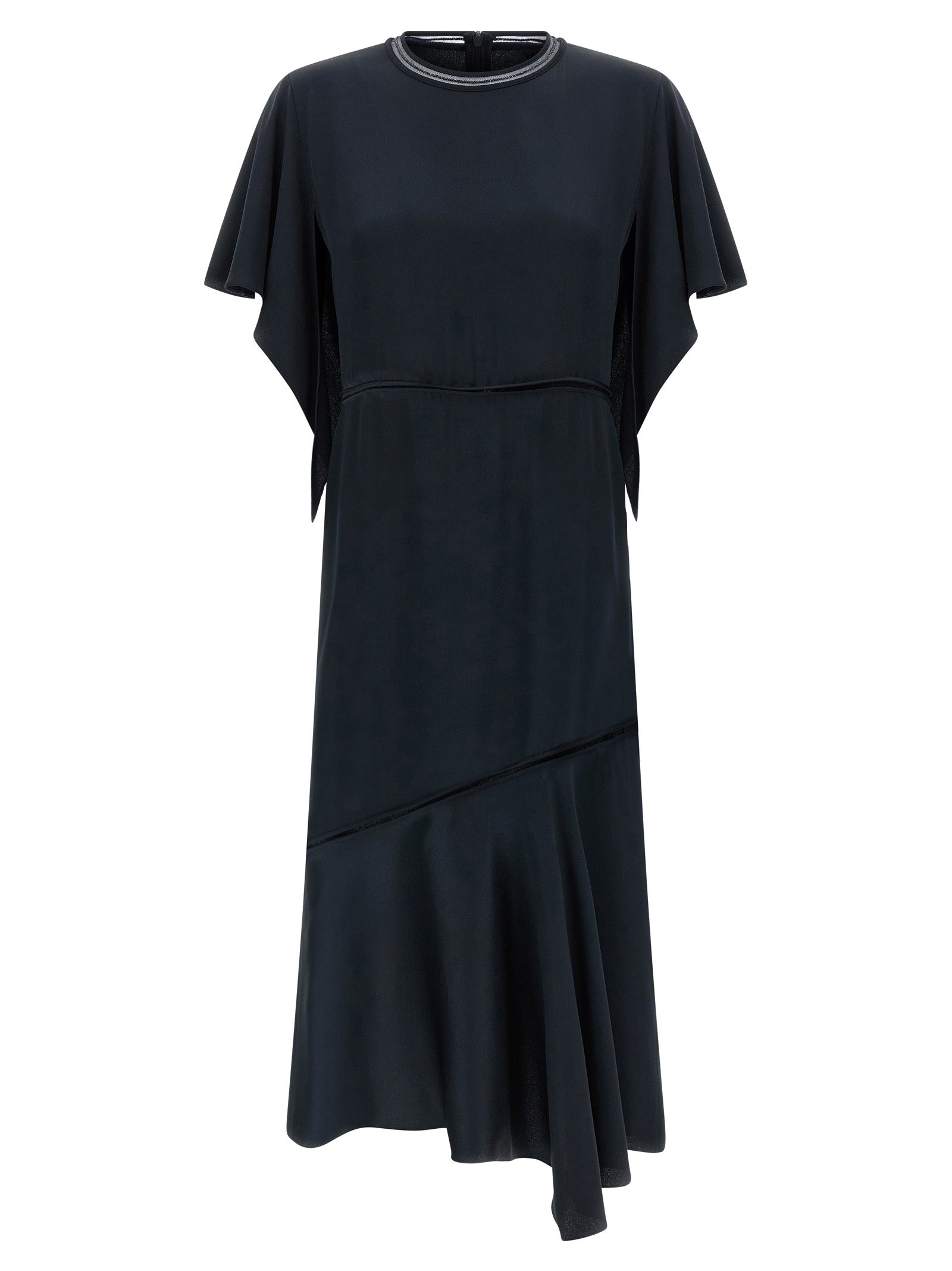 Dress by Fabiana Filippi for women in silk viscose & acetate blue & transparent features a dramatic silhouette, showcasing an elegant crew neckline and that flows into a dramatic midi.