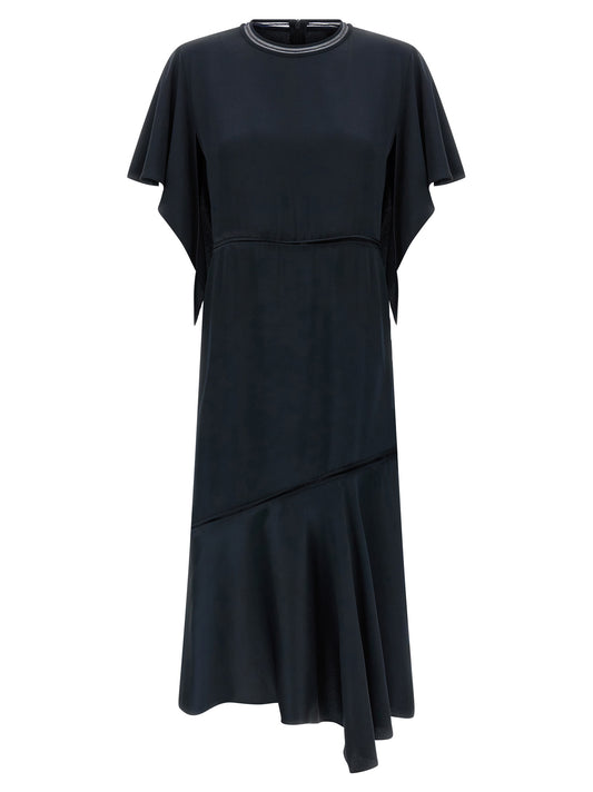 Dress by Fabiana Filippi for women in silk viscose & acetate blue & transparent features a dramatic silhouette, showcasing an elegant crew neckline and that flows into a dramatic midi.