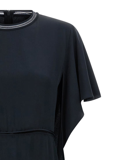 Dress by Fabiana Filippi for women in silk viscose & acetate blue & transparent presents a sinuous silhouette, showcasing a sophisticated crew neckline and detailed with a sinuous midi for a refined finish.