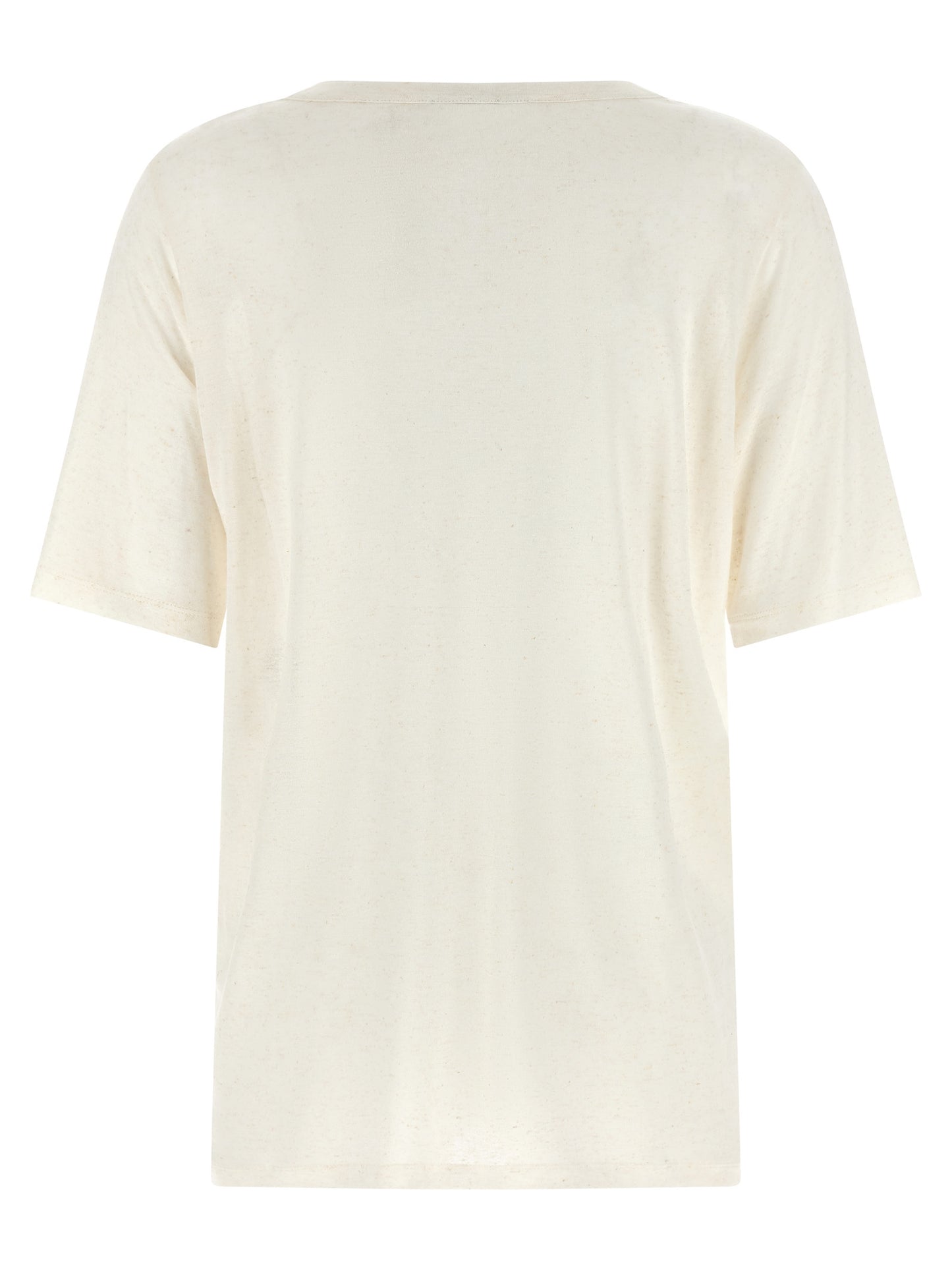 T-Shirt by Stella McCartney for women in linen & viscose white showcases a fashionable silhouette, elegantly detailed with a fashionable and crew neckline for a sophisticated, high-fashion look.