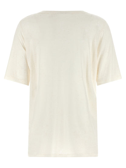 T-Shirt by Stella McCartney for women in linen & viscose white showcases a fashionable silhouette, elegantly detailed with a fashionable and crew neckline for a sophisticated, high-fashion look.