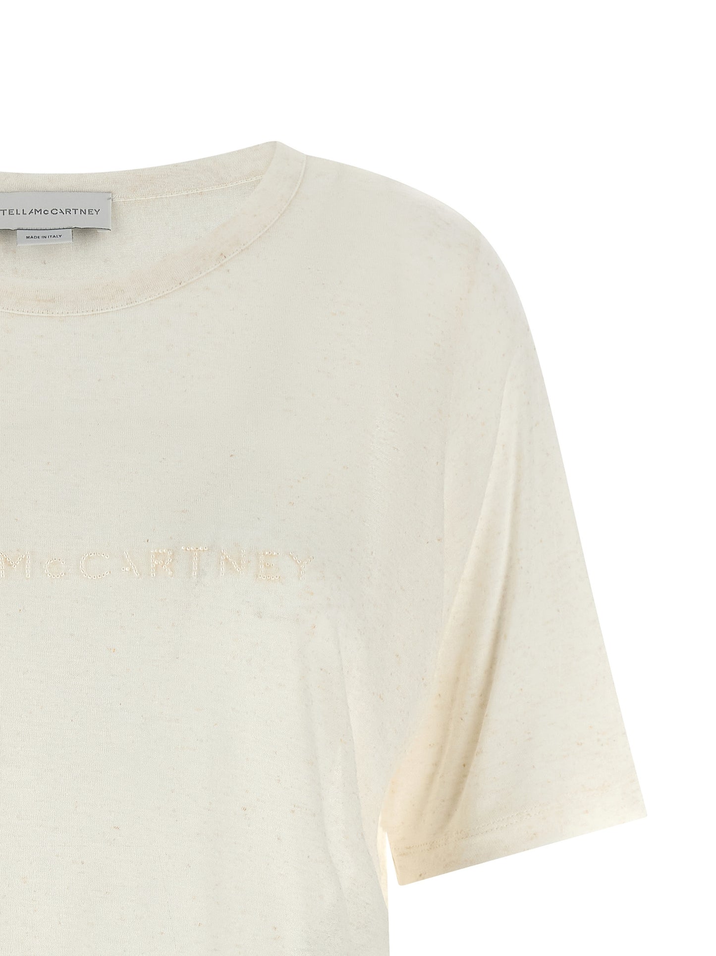 T-Shirt by Stella McCartney for women in linen & viscose white features an edgy silhouette, meticulously detailed with a sophisticated and crew neckline for a truly edgy finish.
