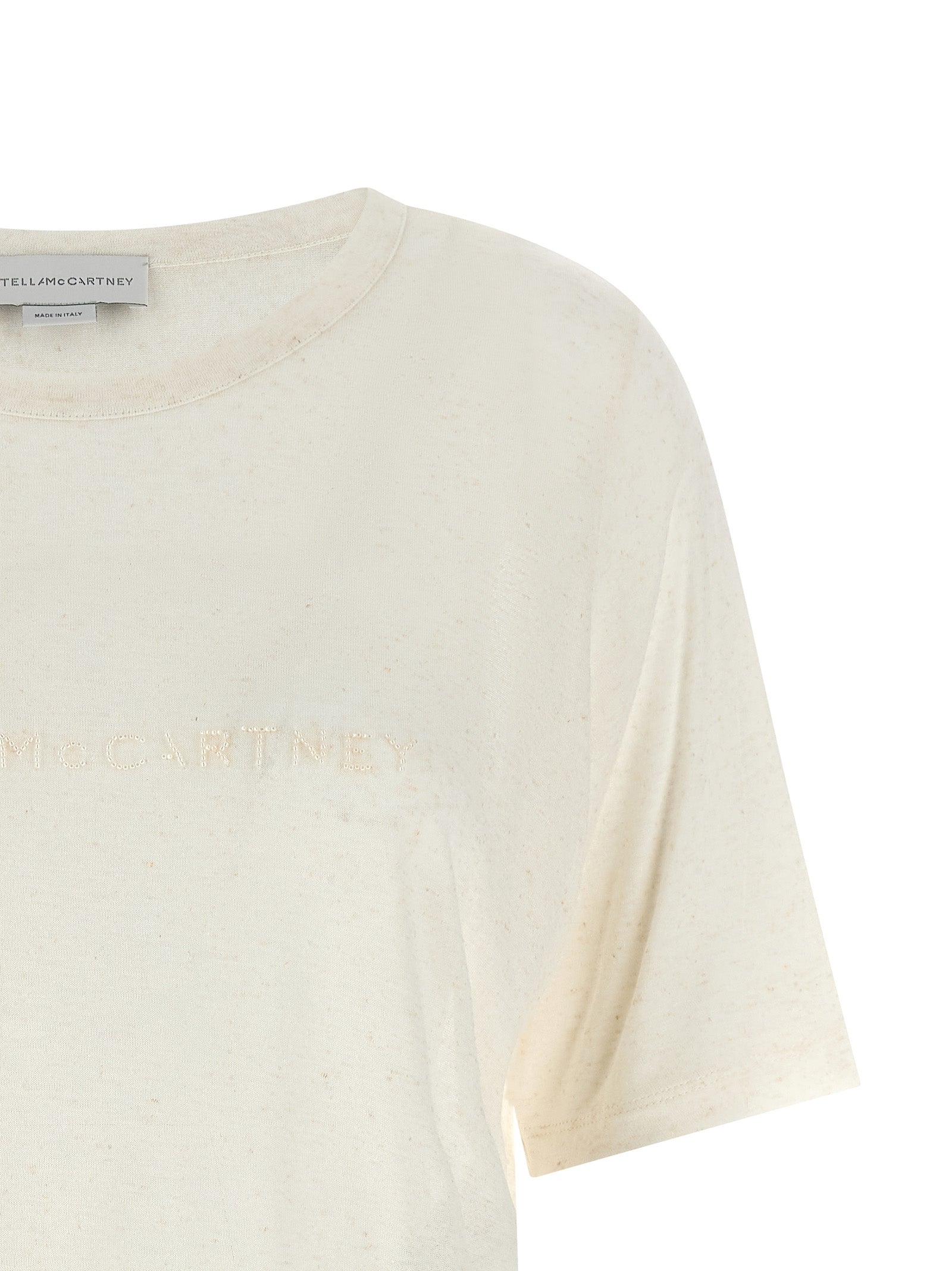 T-Shirt by Stella McCartney for women in linen & viscose white features an edgy silhouette, meticulously detailed with a sophisticated and crew neckline for a truly edgy finish.