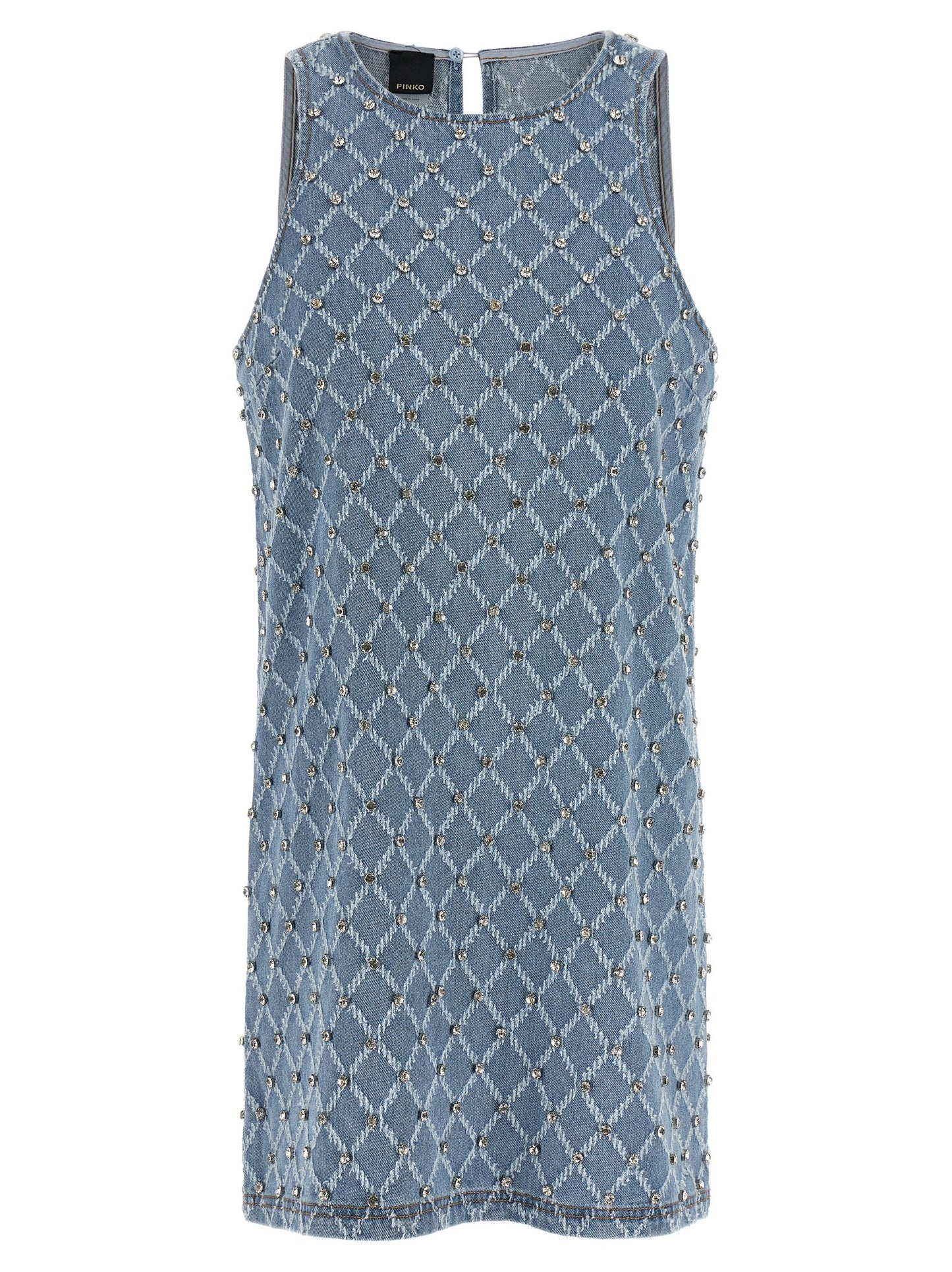 Dress by PINKO for women in denim cotton light-blue, patterned & jacquard showcases a striking silhouette, elegantly detailed with a sleeveless, refined crew neckline, and a striking short mini for a striking finish.
