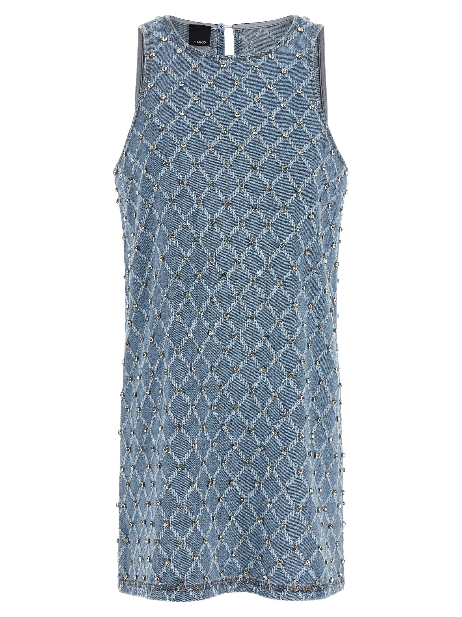 Dress by PINKO for women in denim cotton light-blue, patterned & jacquard showcases a striking silhouette, elegantly detailed with a sleeveless, refined crew neckline, and a striking short mini for a striking finish.