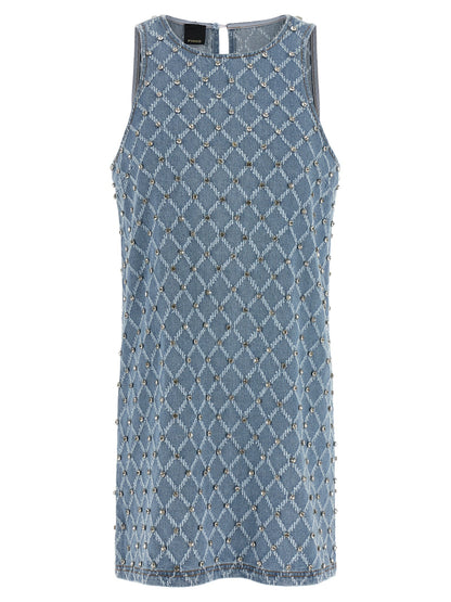 Dress by PINKO for women in denim cotton light-blue, patterned & jacquard showcases a striking silhouette, elegantly detailed with a sleeveless, refined crew neckline, and a striking short mini for a striking finish.