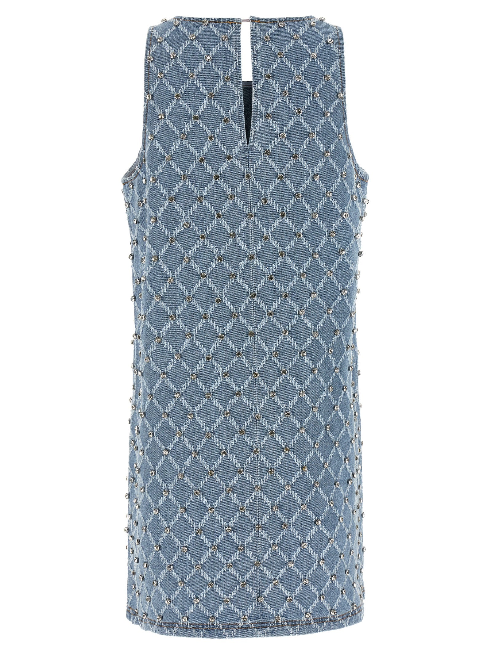 Dress by PINKO for women in denim cotton light-blue, patterned & jacquard features a dramatic silhouette, showcasing an elegant crew neckline and that flows into a dramatic short mini.