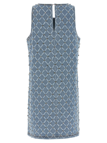 Dress by PINKO for women in denim cotton light-blue, patterned & jacquard features a dramatic silhouette, showcasing an elegant crew neckline and that flows into a dramatic short mini.