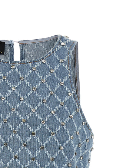 Dress by PINKO for women in denim cotton light-blue, patterned & jacquard showcases a striking silhouette, elegantly detailed with a , refined crew neckline, and a striking short mini for a striking finish.