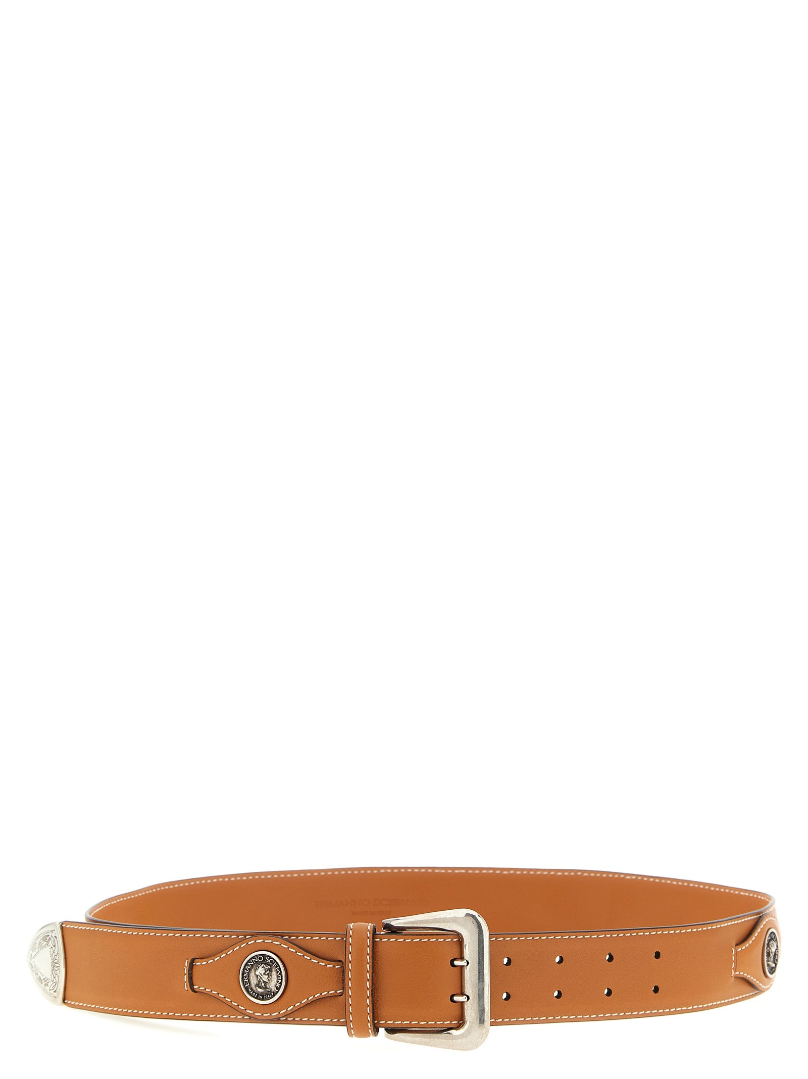 Belt by Ermanno Scervino for women in calfskin leather brown features an artisanal finish, elegantly showcasing the signature style and artisanal craftsmanship of the Calfskin Leather Belt design.