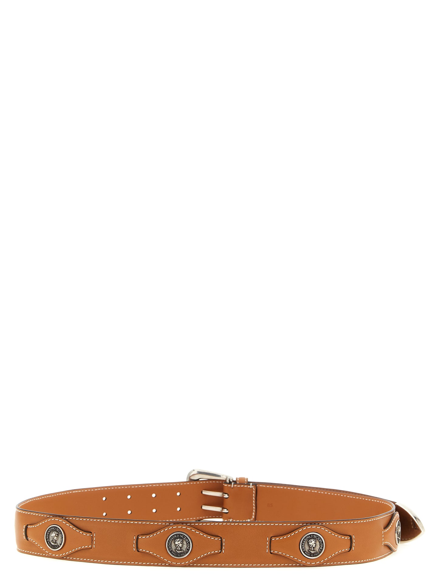 Belt by Ermanno Scervino for women in calfskin leather brown features a versatile silhouette, artfully showcasing the versatile design of the Calfskin Leather Belt for a sophisticated, premium finish.