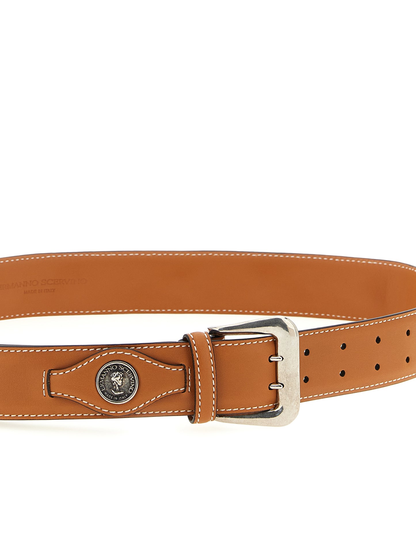 Belt by Ermanno Scervino for women in calfskin leather brown features an artisanal finish, elegantly showcasing the signature style and artisanal craftsmanship of the Calfskin Leather Belt design.