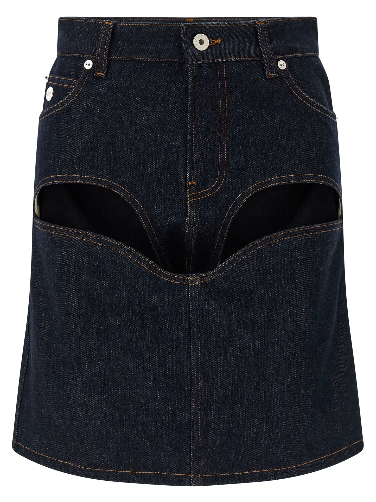 Skirt by Jean Paul Gaultier for women in denim cotton blue showcases a sultry silhouette, elegantly defined by its mini long and the sophisticated sultry design of the Women's Denim High Rise Cotton Mini Long Skirt.