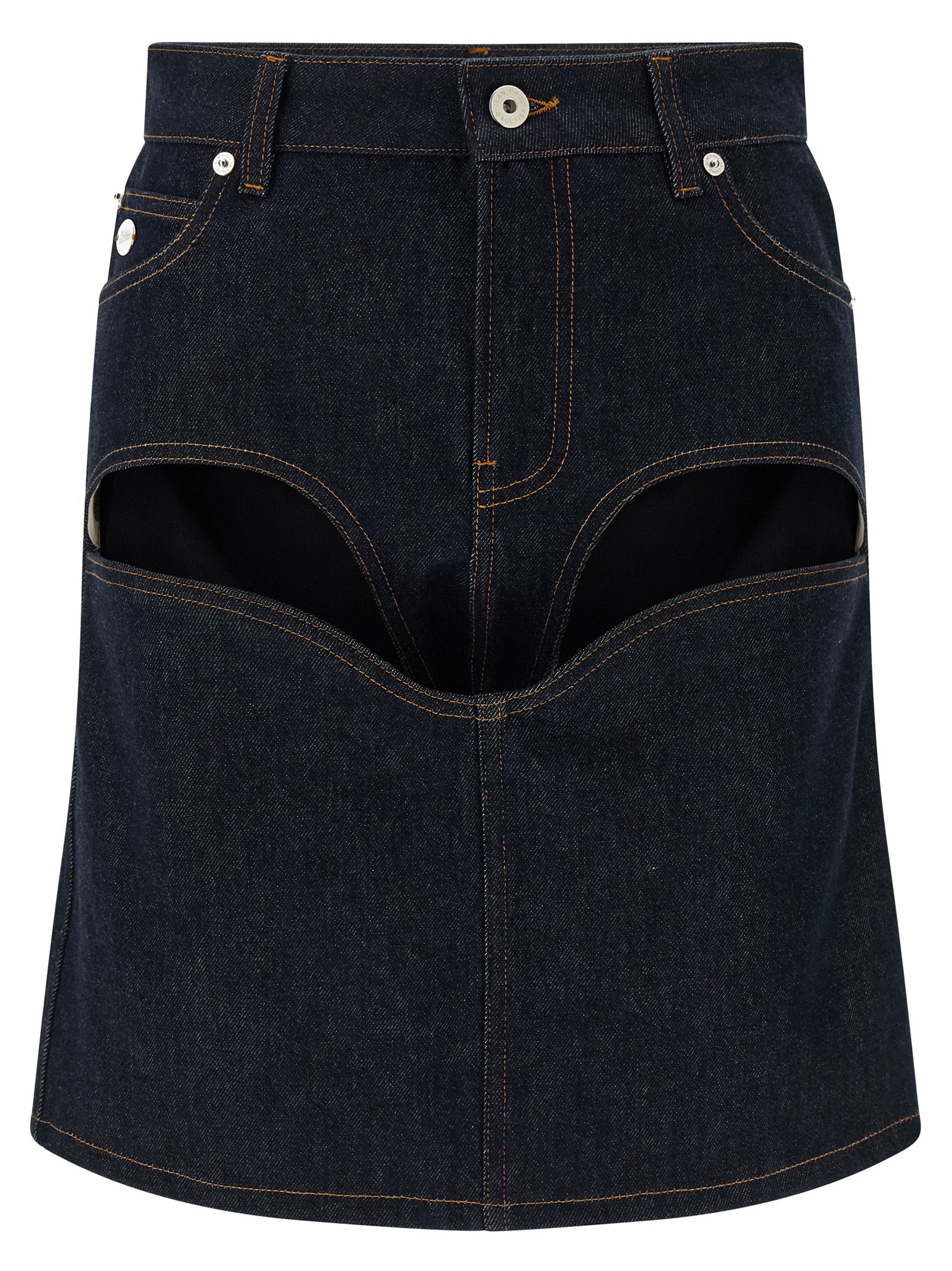Skirt by Jean Paul Gaultier for women in denim cotton blue showcases a sultry silhouette, elegantly defined by its mini long and the sophisticated sultry design of the Women's Denim High Rise Cotton Mini Long Skirt.