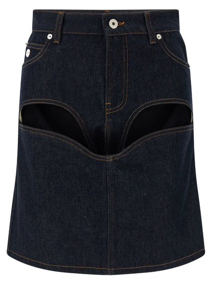 Skirt by Jean Paul Gaultier for women in denim cotton blue showcases a sultry silhouette, elegantly defined by its mini long and the sophisticated sultry design of the Women's Denim High Rise Cotton Mini Long Skirt.