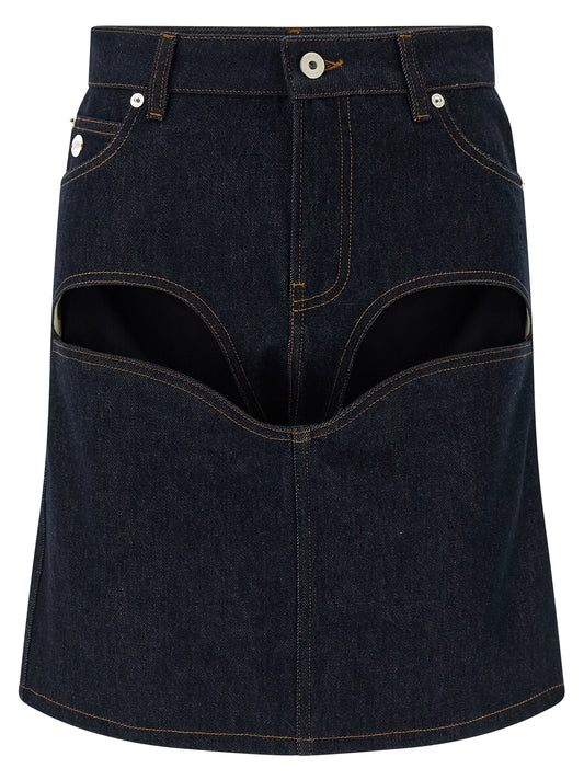 Skirt by Jean Paul Gaultier for women in denim cotton blue showcases a sultry silhouette, elegantly defined by its mini long and the sophisticated sultry design of the Women's Denim High Rise Cotton Mini Long Skirt.
