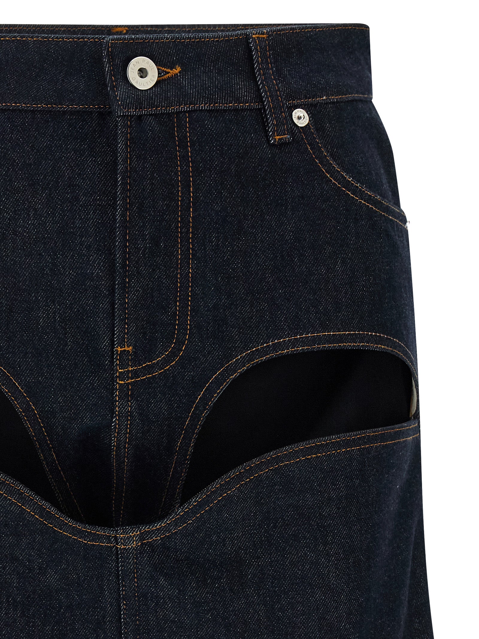 Skirt by Jean Paul Gaultier for women in denim cotton blue features an tailored silhouette, artfully capturing the essence of Women's Denim High Rise Cotton Mini Long Skirt in a sophisticated mini long.