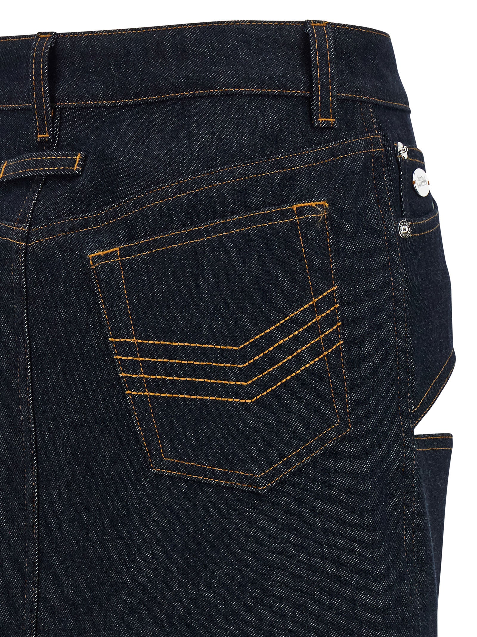 Skirt by Jean Paul Gaultier for women in denim cotton blue features a contoured silhouette from the Women's Denim High Rise Cotton Mini Long Skirt collection, characterized by its contoured mini long for a contoured finish.