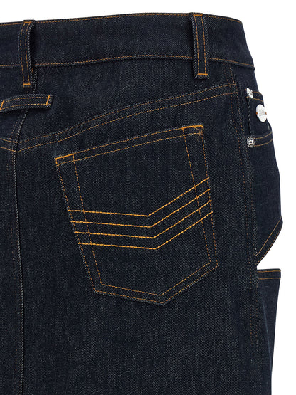 Skirt by Jean Paul Gaultier for women in denim cotton blue features a contoured silhouette from the Women's Denim High Rise Cotton Mini Long Skirt collection, characterized by its contoured mini long for a contoured finish.