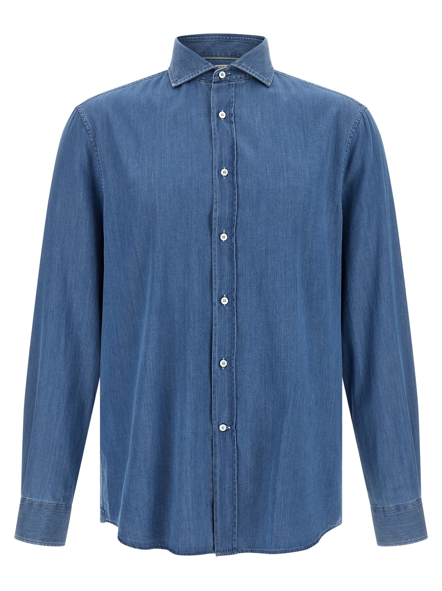 Shirt by Brunello Cucinelli for men in denim cotton blue features an architectural silhouette with a refined and elegant for a architectural look.